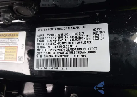 2021 Honda Pilot Awd Touring 8 Passenger from USA, damaged, VIN 5FNYF6H90MB021011